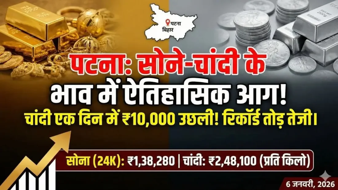 Bihar Gold Silver Rate: पटना में चांदी की कीमतों में लगी आग, एक दिन में 10,000 रुपये का उछाल, खरीदने से पहले देख लें ताजा भाव Bihar Gold Silver Rate: पटना में चांदी की कीमतों में लगी आग, एक दिन में 10,000 रुपये का उछाल, खरीदने से पहले देख लें ताजा भाव