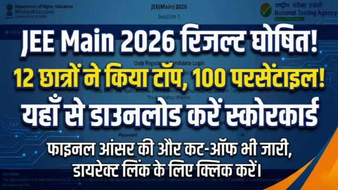 JEE Main Result 2026 Out: 12 छात्रों ने गाड़े झंडे, 100 परसेंटाइल के साथ रचा इतिहास! यहाँ देखें डायरेक्ट लिंक और कट-ऑफ JEE Main Result 2026 Out: 12 छात्रों ने गाड़े झंडे, 100 परसेंटाइल के साथ रचा इतिहास! यहाँ देखें डायरेक्ट लिंक और कट-ऑफ