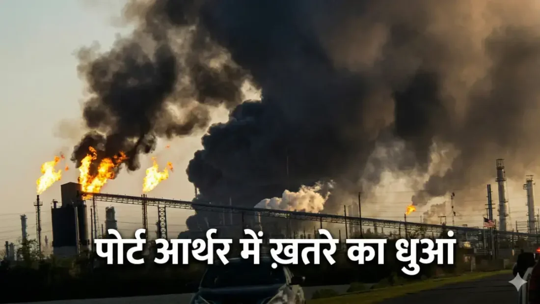 Port Arthur Valero Refinery fire and black smoke plume. वैलेरो रिफाइनरी में आग और काला धुआं