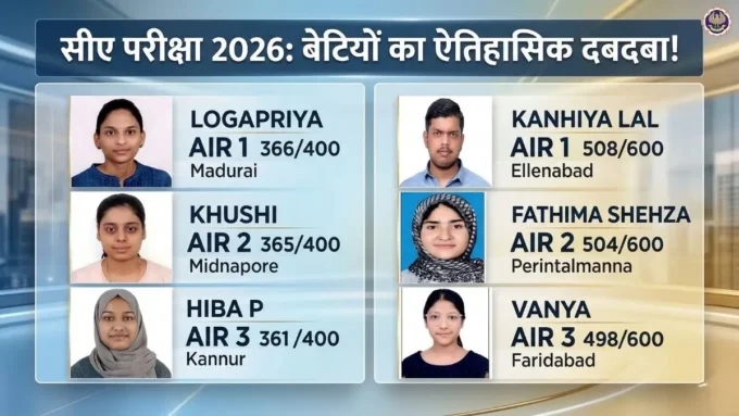 ICAI CA Result 2026: सीए परीक्षा में बेटियों का शानदार प्रदर्शन, टॉप रैंक्स पर जमाया कब्जा; यहाँ देखें पूरी मेरिट लिस्ट ICAI CA Foundation, Inter Result 2026: बेटियों का जलवा