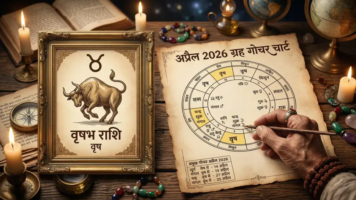 वृषभ राशिफल अप्रैल 2026: करियर, पैसा और सेहत का हाल वृषभ राशिफल अप्रैल 2026 ग्रहों की स्थिति दर्शाता ज्योतिषीय चार्ट