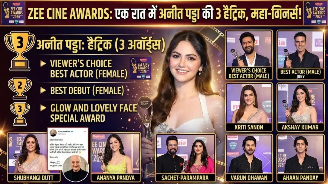 Zee Cine Awards 2026: विक्की-अक्षय पर भारी पड़ी ये नई हसीना! एक ही रात में झटके 3 अवॉर्ड्स, अनुपम खेर भी हुए भावुक ZEE Cine Awards 2026: अनीत पड्डा और विक्की कौशल की बड़ी जीत!