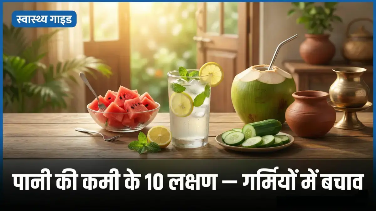 गर्मियों में पानी की कमी कैसे पहचानें? 10 लक्षण और बचाव के तरीके गर्मियों में पानी की कमी के लक्षण — नींबू पानी नारियल पानी तरबूज़ छाछ हाइड्रेशन बैनर | bignews18