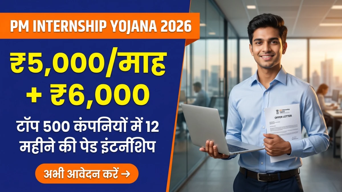 PM Internship Yojana 2026 — टॉप 500 कंपनियों में युवाओं के लिए पेड इंटर्नशिप बैनर