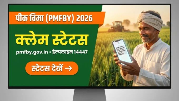 Crop Insurance Status 2026 Maharashtra — किसान मोबाइल पर पीक विमा क्लेम स्टेटस चेक करता हुआ बैनर